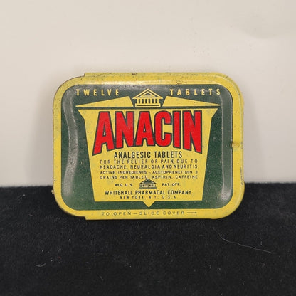 Vintage Anacin Metal Pill Tin Box Analgesic Tablets Movie Prop Steampunk
