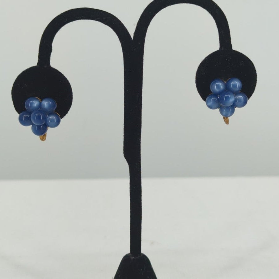 Vintage Mid Century Cobalt Cluster Bead Screw Back Earrings Retro French Country