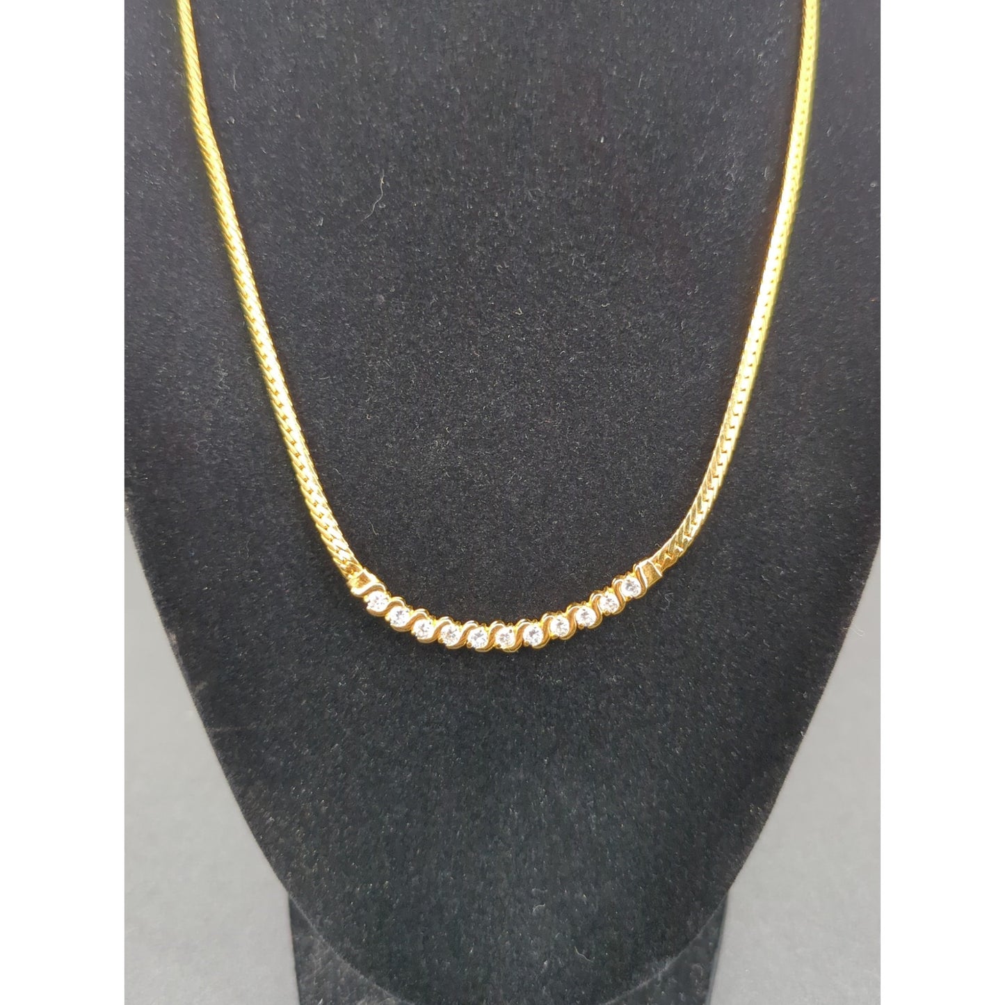 Vintage Fashion Necklace gold tone with curved crystal bar