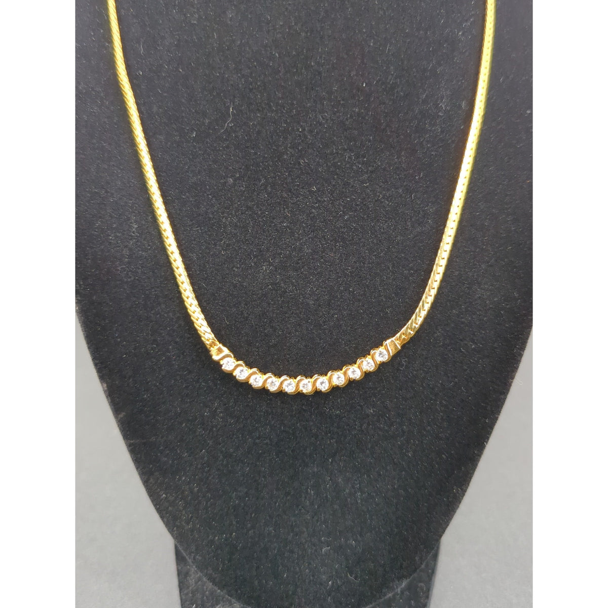 Vintage Fashion Necklace gold tone with curved crystal bar