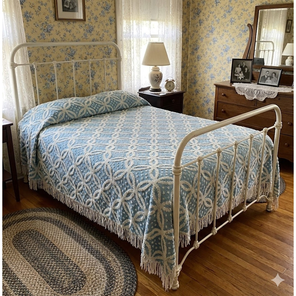 Vintage Chenille cotton poly Full / Queen bedspread Blanket Farmhouse Cabin
