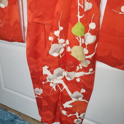 Vintage Silk Furisode (long sleeve) Kimono Robe Orange Gold Red Plum Blossom