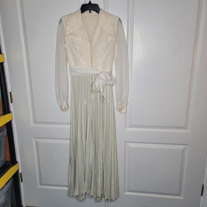 Vintage WIDE pleated silver Bell Bottom Jumpsuit 1 PIECE chiffon top belt Medium