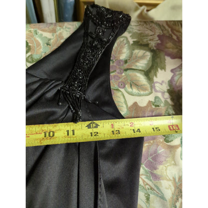 Vintage Black Asymmetrical Beaded Strap Satin Finish Midi Gown Dress Extra Small
