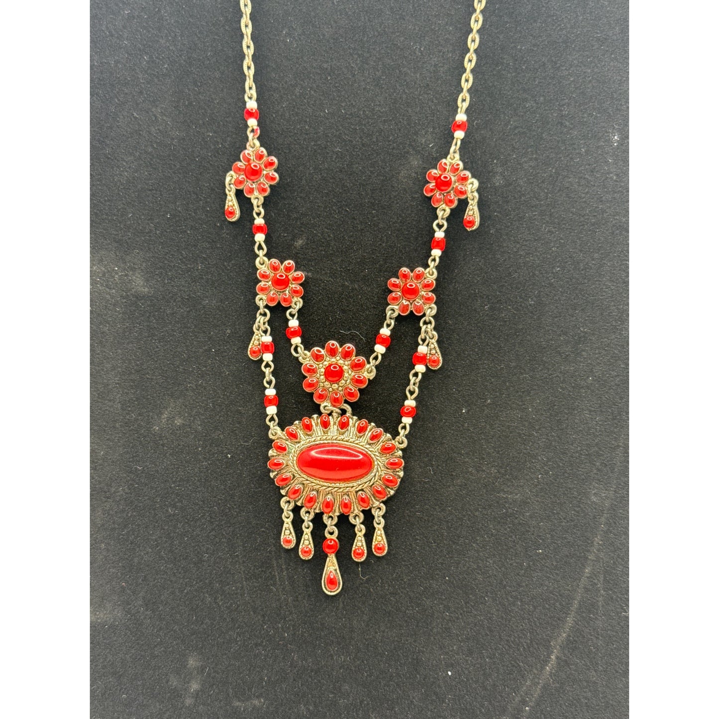 Vintage Red Cabochon Festoon Necklace Victorian Revival Gold Tone