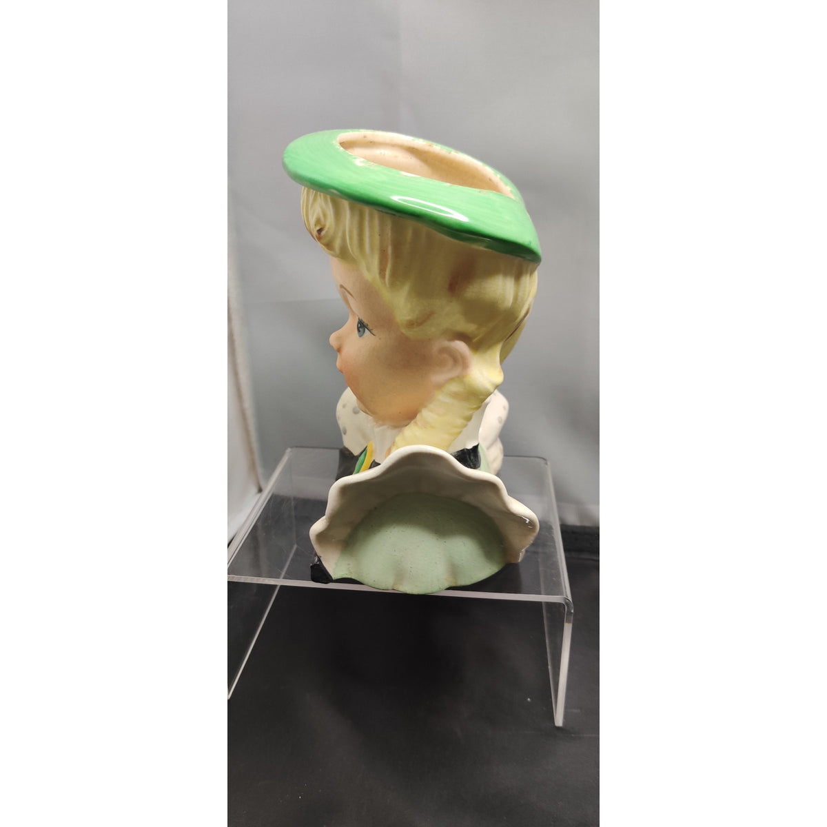 Vintage 1950s Blonde Lady Head Vase Planter Green Hat Polka Dot Bow Kitsch MCM