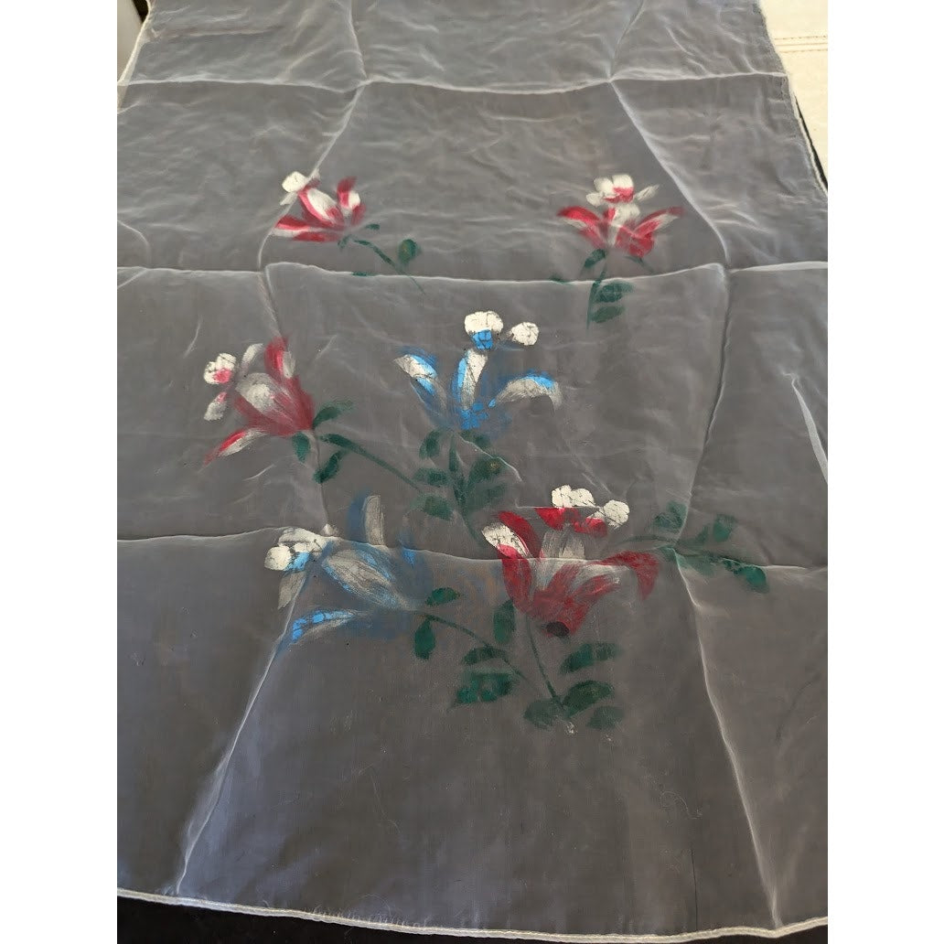 VTG. Sheer oblong white table runner Painted floral design 51" x 20" rolled edge