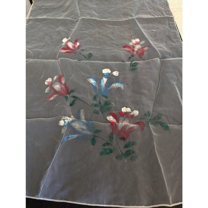 VTG. Sheer oblong white table runner Painted floral design 51" x 20" rolled edge
