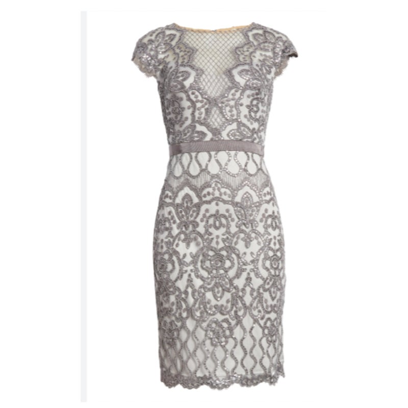 Tadashi Shoji Lace Sequin Cocktail Tea Party Gown size 8 Mist Gray NEW