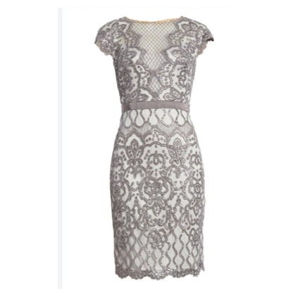 Tadashi Shoji Lace Sequin Cocktail Tea Party Gown size 8 Mist Gray NEW