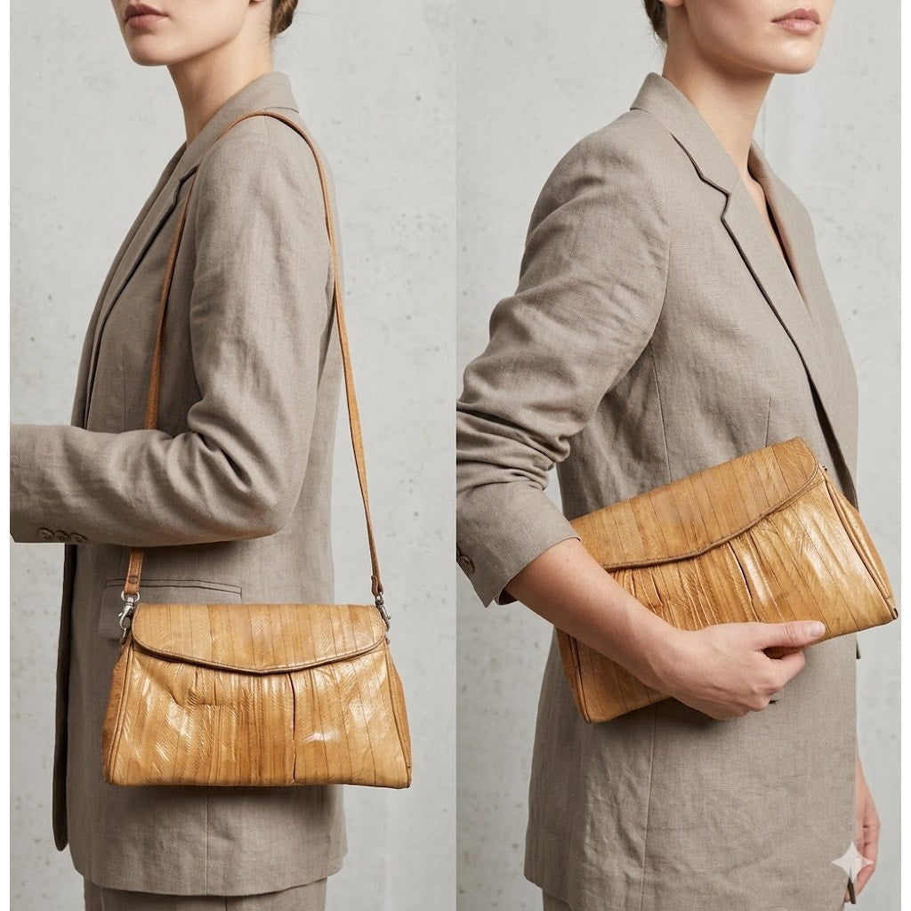 Vintage Genuine Eel Skin Leather Clutch Shoulder Bag Tan Mid-Century Minimalist