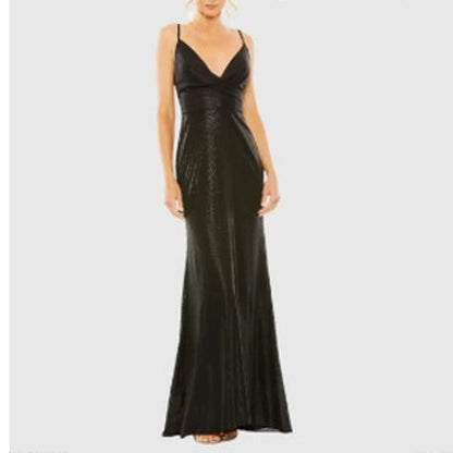 Leena for Mac Duggal Metallic Gray Plunging Halter A-Line Maxi Gown Dress 14 NWT