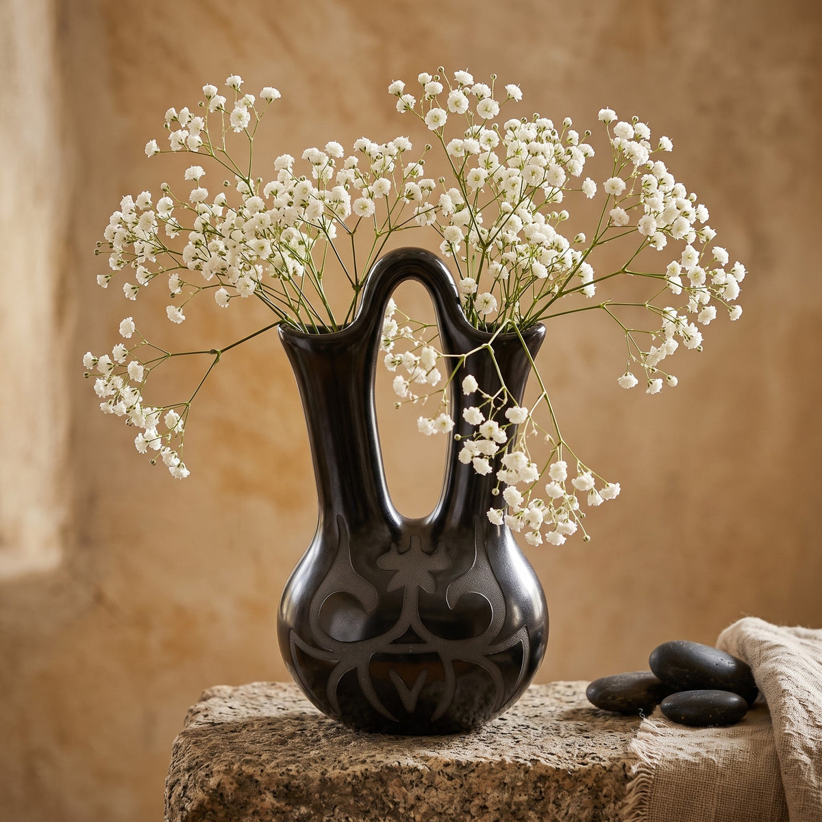 Vintage GG George Georgene Garrett Pottery Black Wedding Vase '91 Santa Clara 7"
