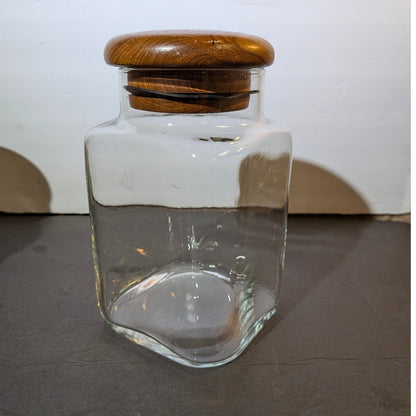 Vintage MCM Clear Glass Canister with Teak Sealed Lid 8" apothecary storage