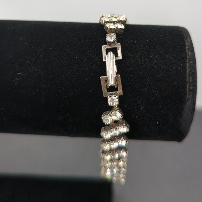 Vintage Old Money Three Row Clear Rhinestone Silver Tone Bracelet Bridal