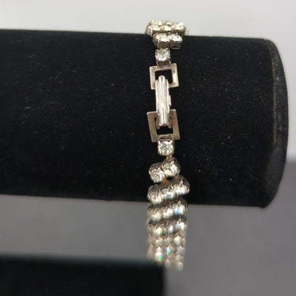 Vintage Old Money Three Row Clear Rhinestone Silver Tone Bracelet Bridal