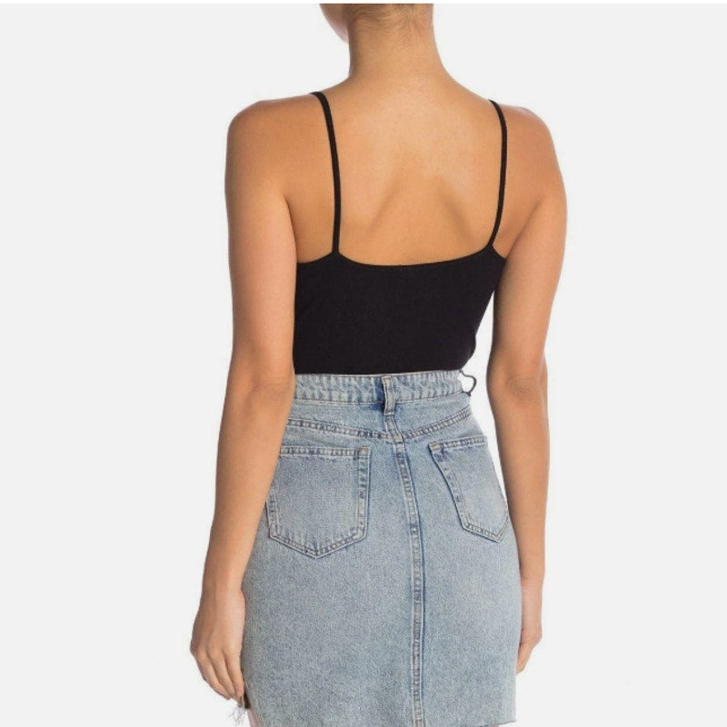 BP. NWT Cozy Ribbed Wrap Bodysuit Sleeveless V-Neck Knit Black Size SMALL