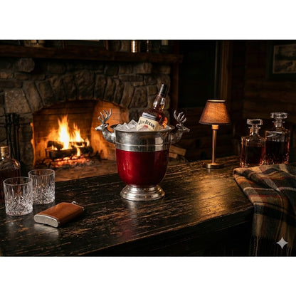Vintage Red Enamel & Silver Stag Head Ice Bucket champagne Cabin Ski lodge