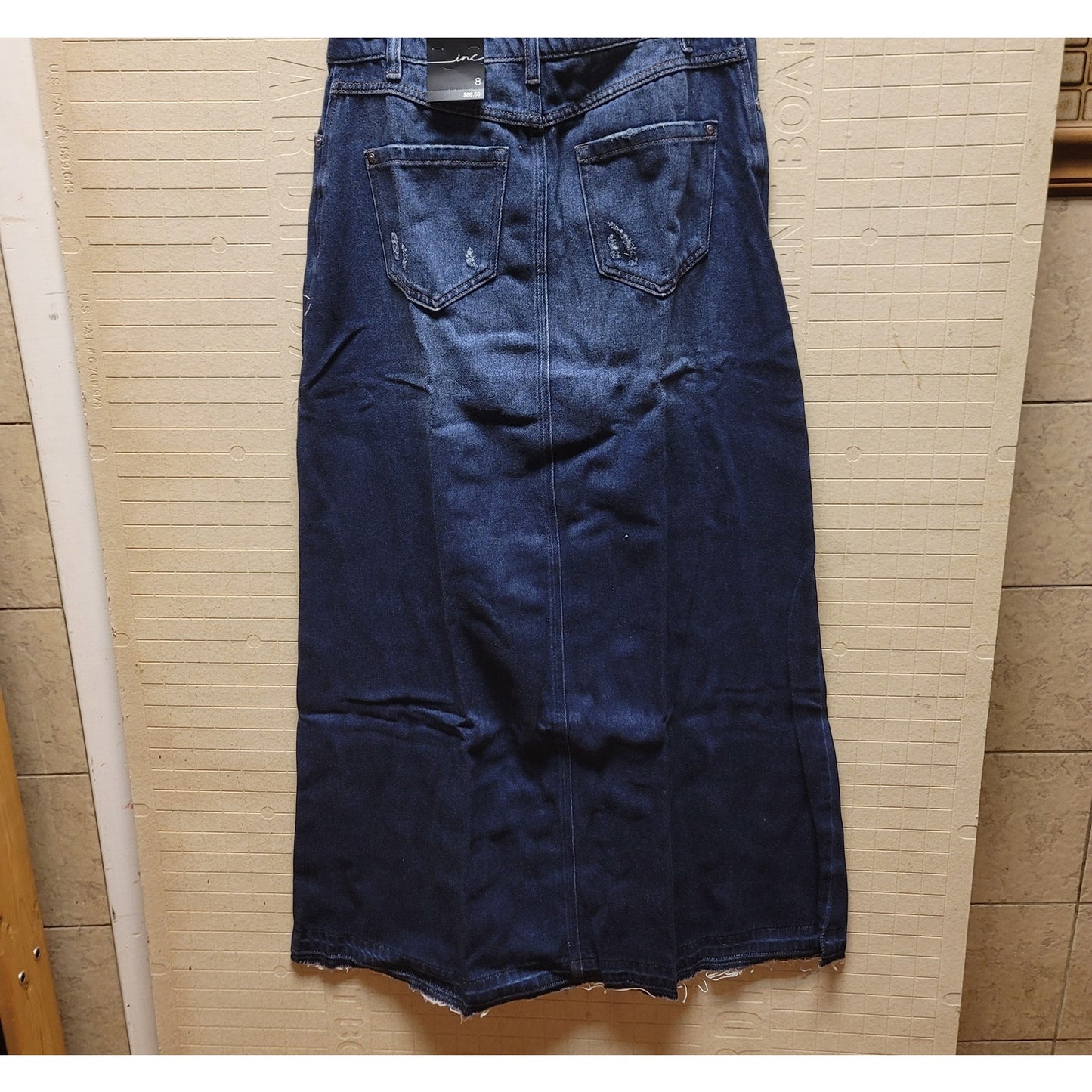 INC Int. Concepts Front-Slit Denim Maxi Skirt Dk Indigo Frayed 12 Distressed NEW