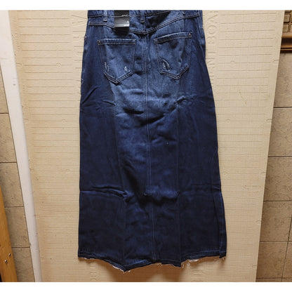 INC Int. Concepts Front-Slit Denim Maxi Skirt Dk Indigo Frayed 12 Distressed NEW