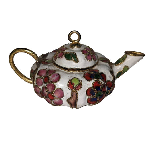 Vintage Chinese Miniature cloisonné Enamel Metal Teapot Floral Design Gold Color