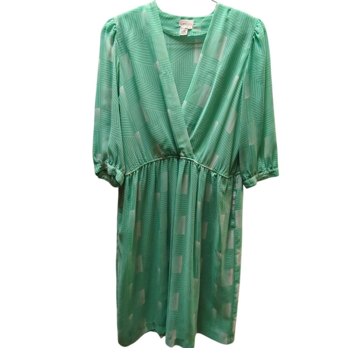 Vintage Townhouse Mint Green V-Neck Day Dress Geometric Print 16 80s Secretary