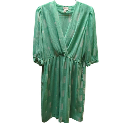 Vintage Townhouse Mint Green V-Neck Day Dress Geometric Print 16 80s Secretary