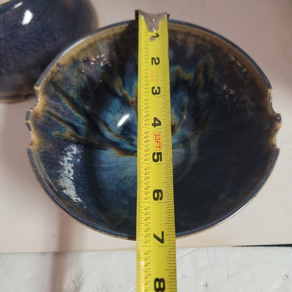 Pair 2 Notched Bowls 7" x 3.5" Blue Brown earthtone Jake Julie Bond Art Pottery