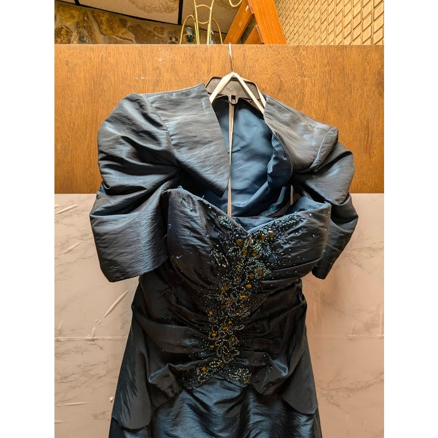 Jean De Lys Size 8 Womens Formal Dress with jacket Maxi Blue Taffeta Iridescent