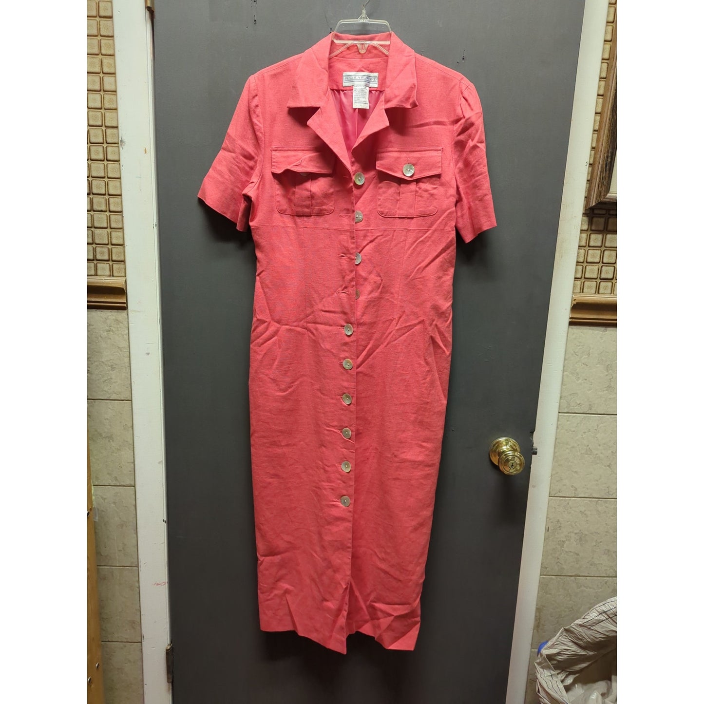 Vintage Jessica Howard Red Linen Blend Button Front Lined Summer Midi Dress 6