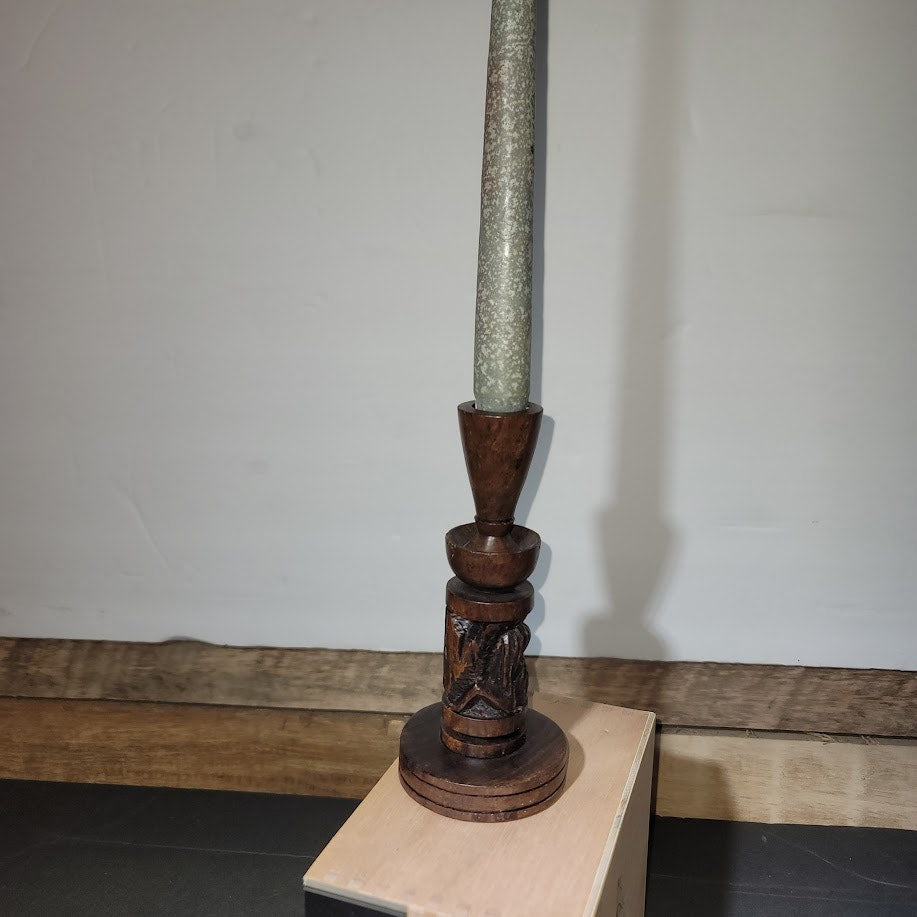 Vintage 7" Hand carved wood taper candlestick holder Carved Tribal figure