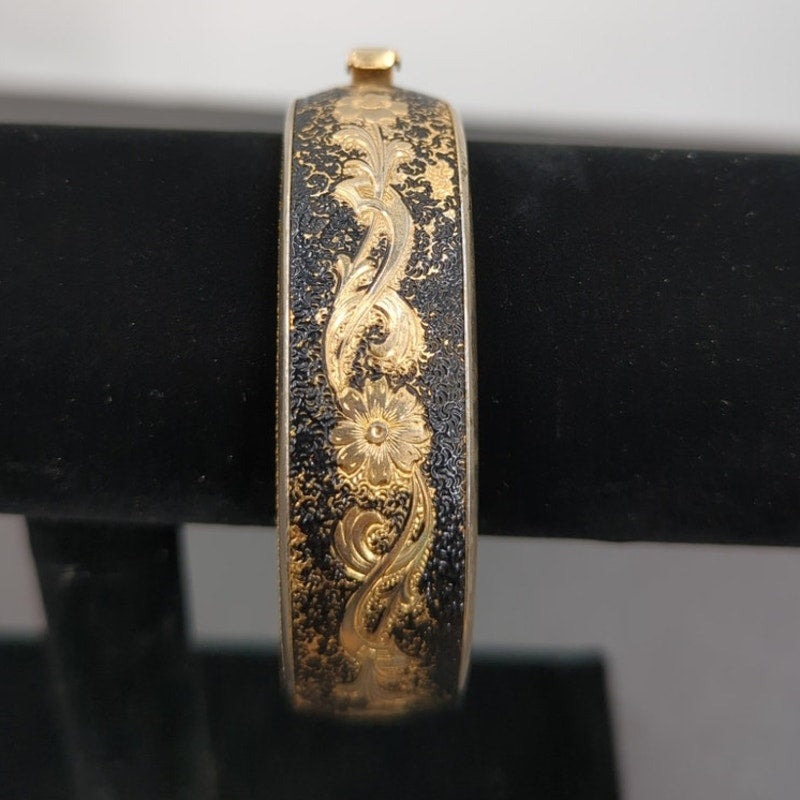 Vintage Fashion BRACELET Spanish Damascene Gold and Black Hinged Bangle