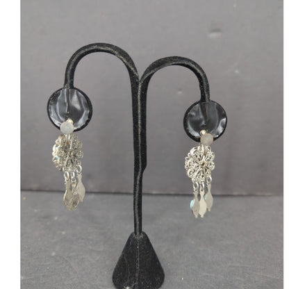 Vintage Y2K Turquoise Silver Tone Filigree Chandelier Screw Back ClipOn Earrings