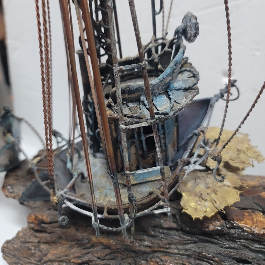 Large VINTAGE Copper bronzed ship brig dingy mounted on varnished 15" x 17" wood