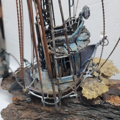 Large VINTAGE Copper bronzed ship brig dingy mounted on varnished 15" x 17" wood