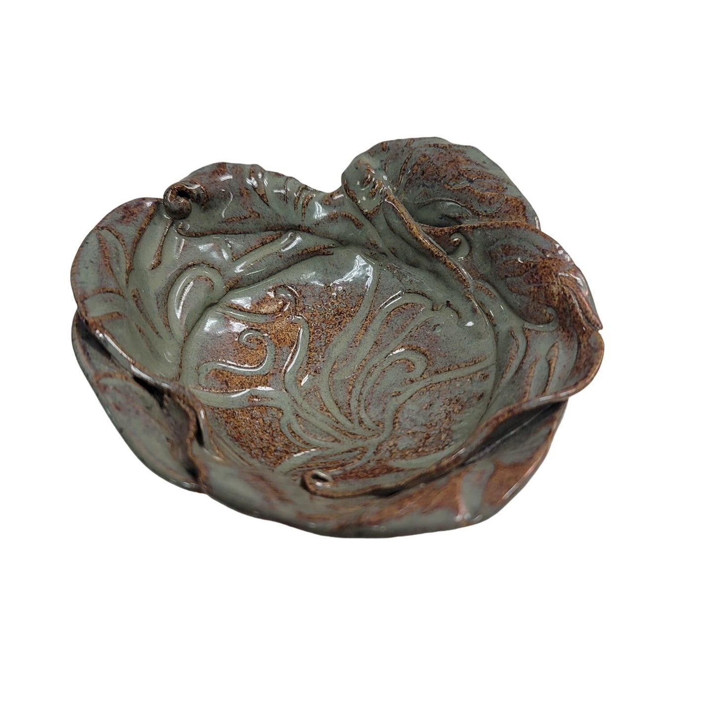 Handmade Art pottery free-form dish signed Nancy clay Red gray bowl flower 5"