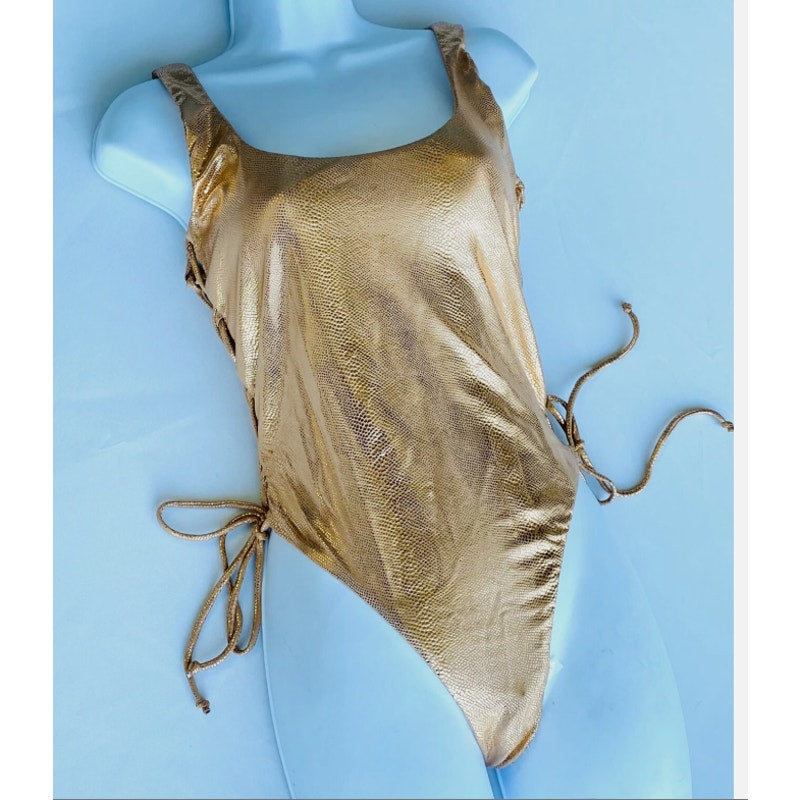 The Bikini Lab One Piece Swimsuit Bathing gold skimpy coverage XS Side strings