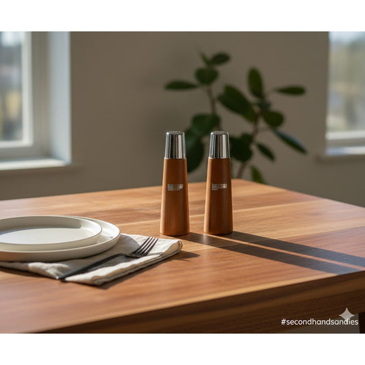 Vintage Mid Century Modern Teak Wood and Chrome Salt and Pepper Shakers Set