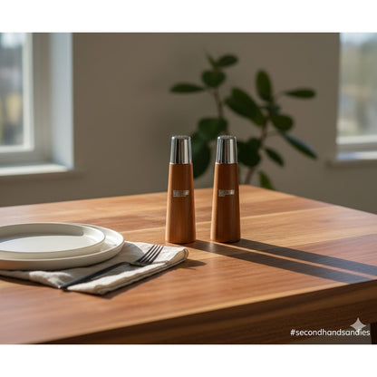 Vintage Mid Century Modern Teak Wood and Chrome Salt and Pepper Shakers Set