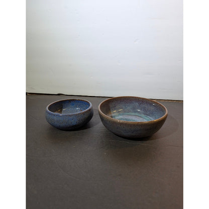 Studio Pottery Signed JAM Blue Speckled Glazed Bowls Set of 2