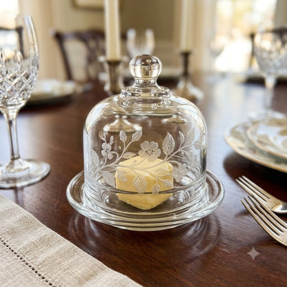 Vintage Etched Glass Mini Cheese/Butter Dome with Underplate