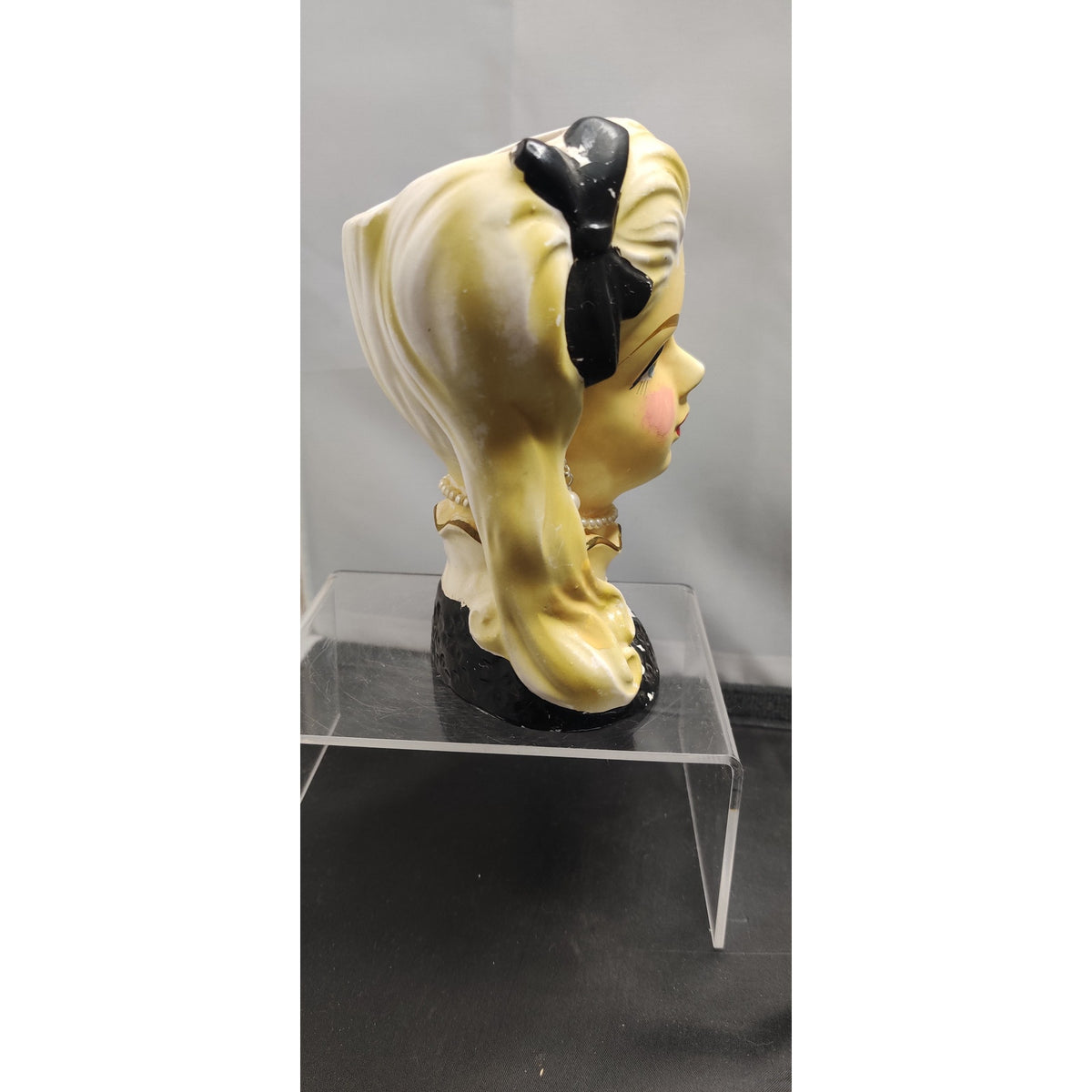 Retro MCM Kitsch Planter Blonde Lady Headvase Black Bow Glam Side Pony Vase