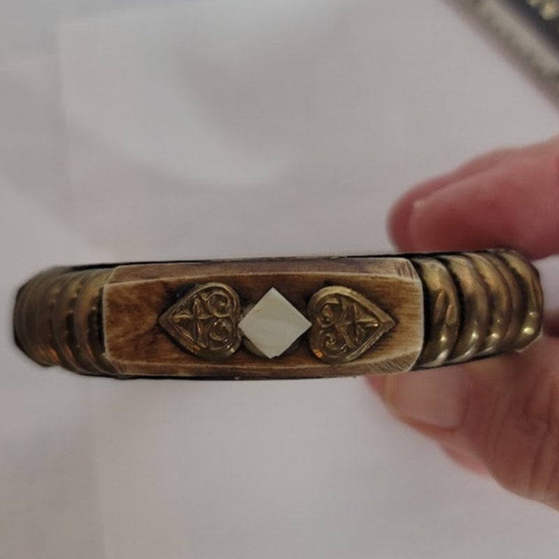 Wood Brass bone bracelet Vintage Viking MCM brown goldtone Bone Viking bangle
