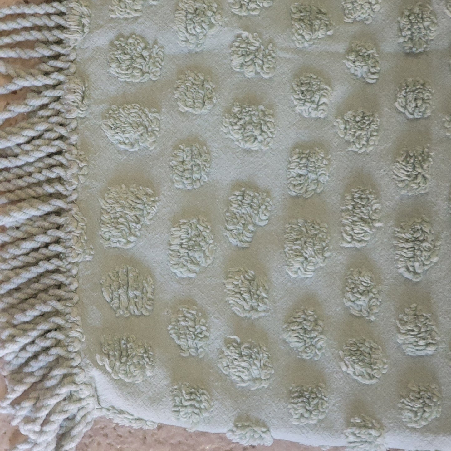Sage green Chenille blanket Queen or King Bedspread Coverlet Vintage