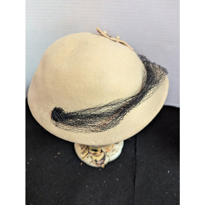 Vintage Hornberger Berkshire Wool Hat Cream Rhinestone Netting 1950s