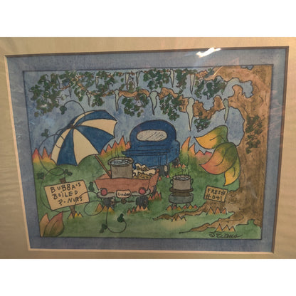 Original Beach Umbrella and Cooler Watercolor Painting Signed Sandy Evans