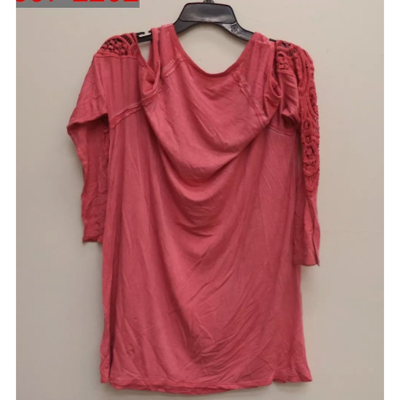 Fourteenth Place Plus Women Rose Dust Cold Shoulder Lace Trim Long Sleeve Top 2x