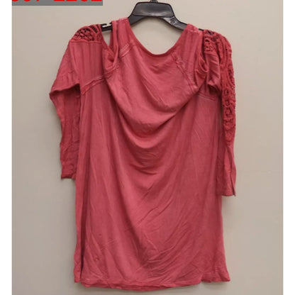 Fourteenth Place Plus Women Rose Dust Cold Shoulder Lace Trim Long Sleeve Top 2x