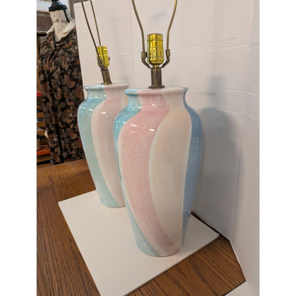 Vintage Montgomery Ward Pastel Ceramic Table Lamps Set Blue Pink Swirl Retro