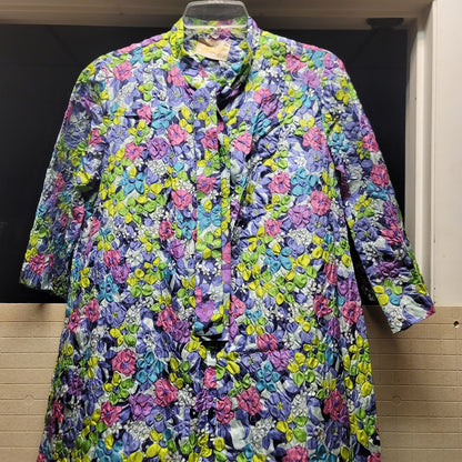 Vtg Marilyn Multicolor Textured House Coat Dress Full Length Maxi 3/4 Sleeve Rob